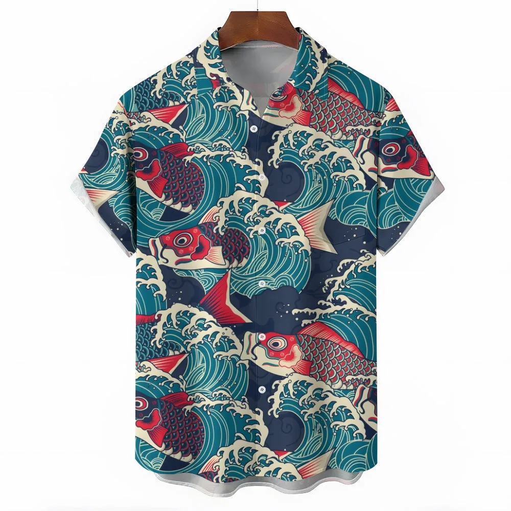 Ukiyo-E Art Style Koi Print Casual Short Sleeve Shirt 2403000584