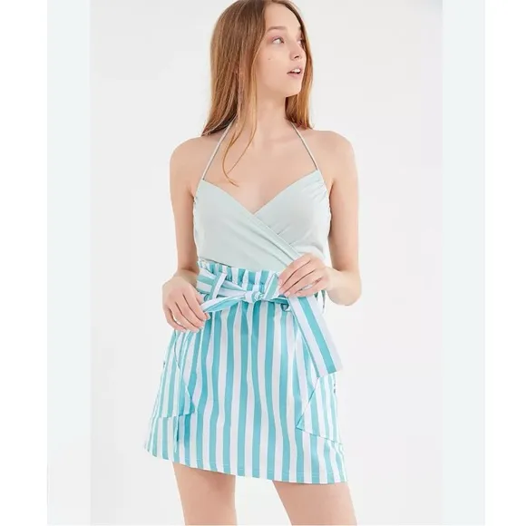 Urban Outfitters Tiffany Belted Costal Striped High Rise Paperbag Mini Skirt M