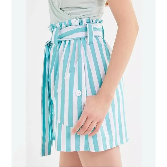 Urban Outfitters Tiffany Belted Costal Striped High Rise Paperbag Mini Skirt M