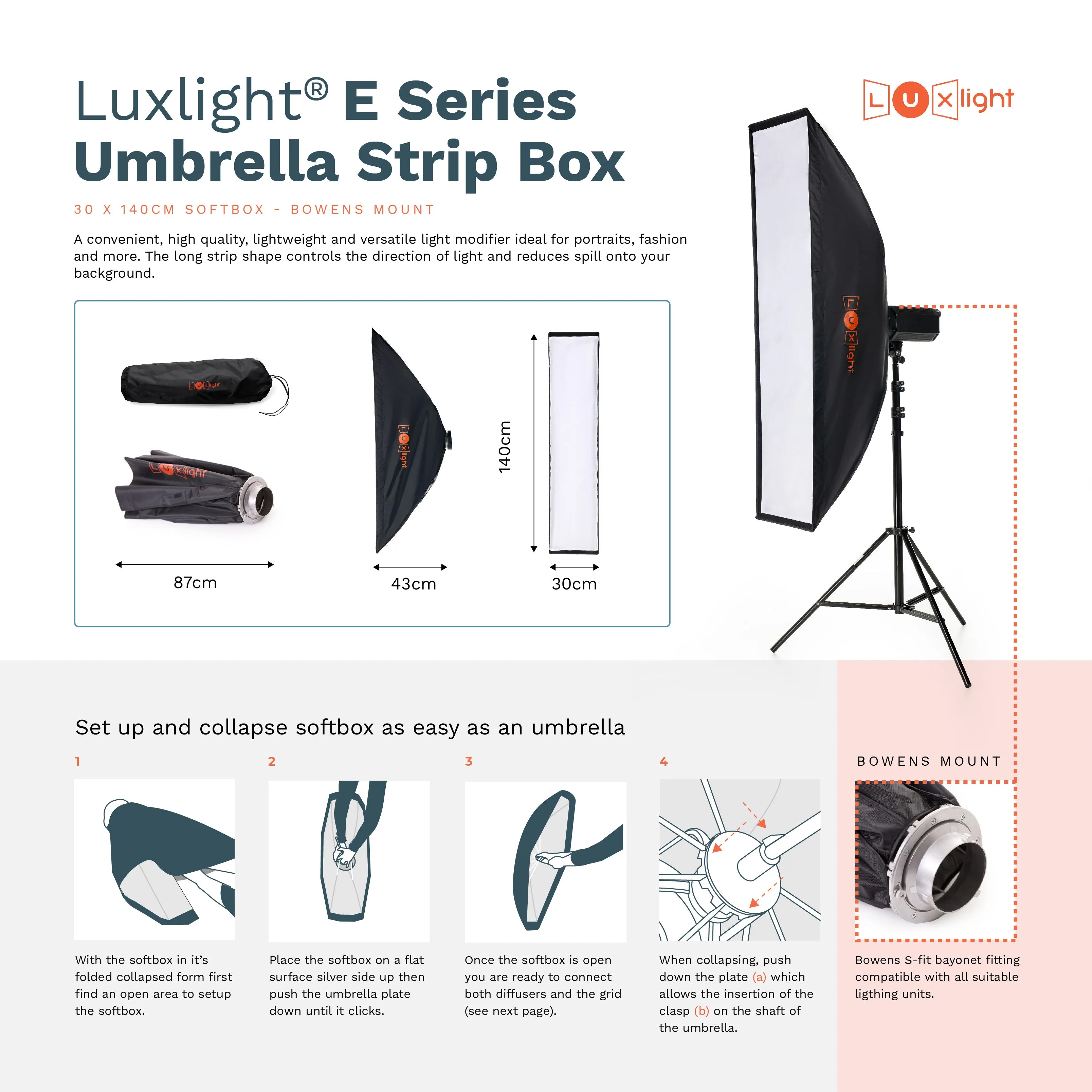 USED - E Series 30x120cm Umbrella Stripbox | Bowens Mount Softbox