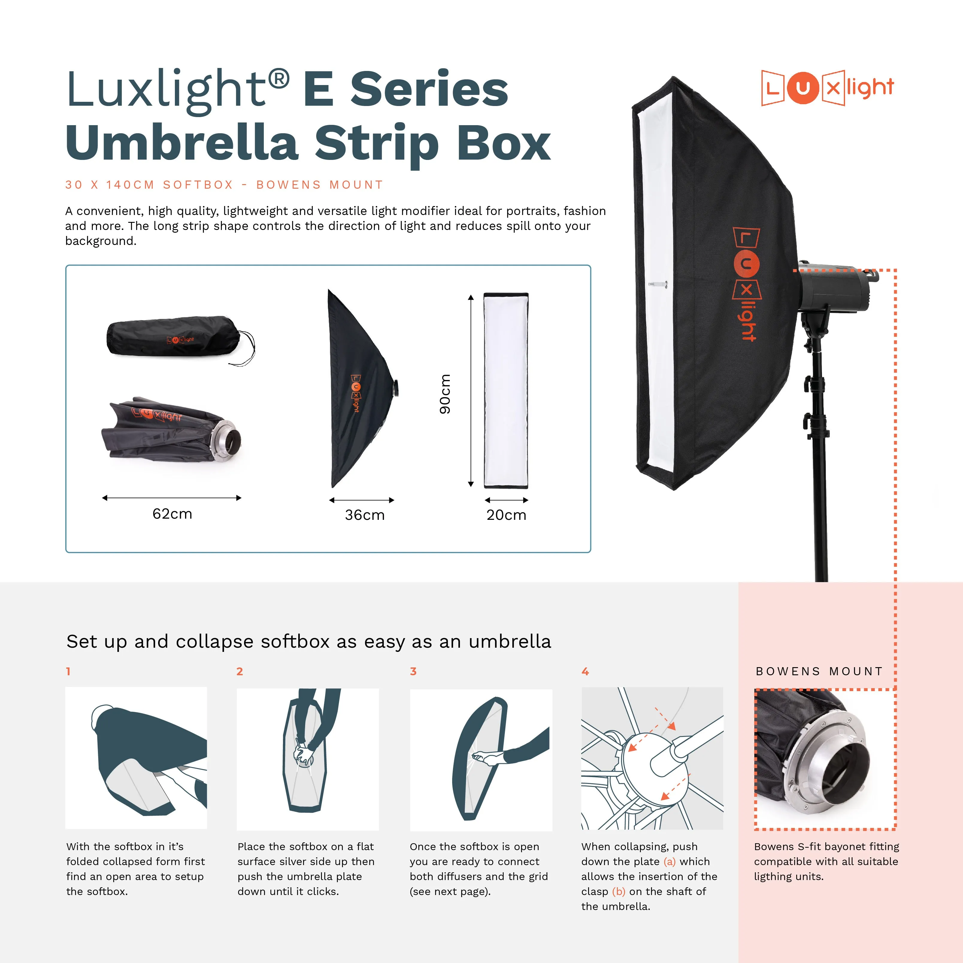 USED - E Series 30x120cm Umbrella Stripbox | Bowens Mount Softbox