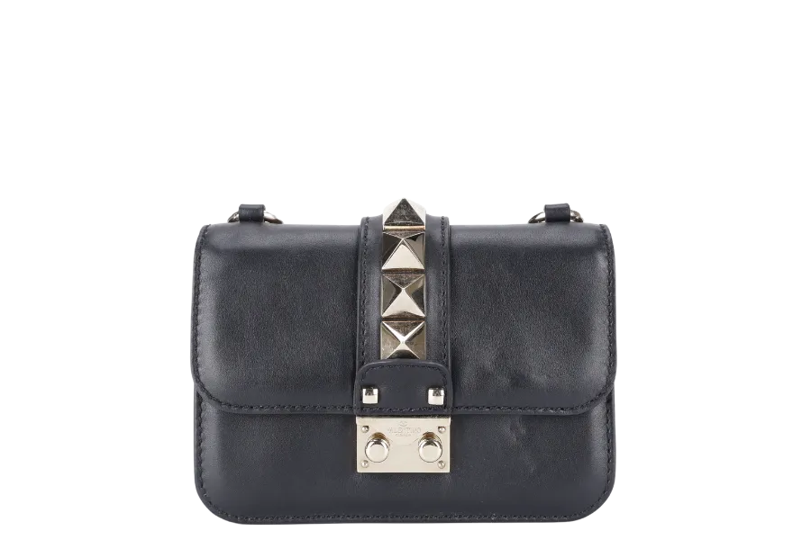 VALENTINO ROCKSTUD GLAM LOCK SMALL BLACK LEATHER GOLD HARDWARE NO DUST COVER