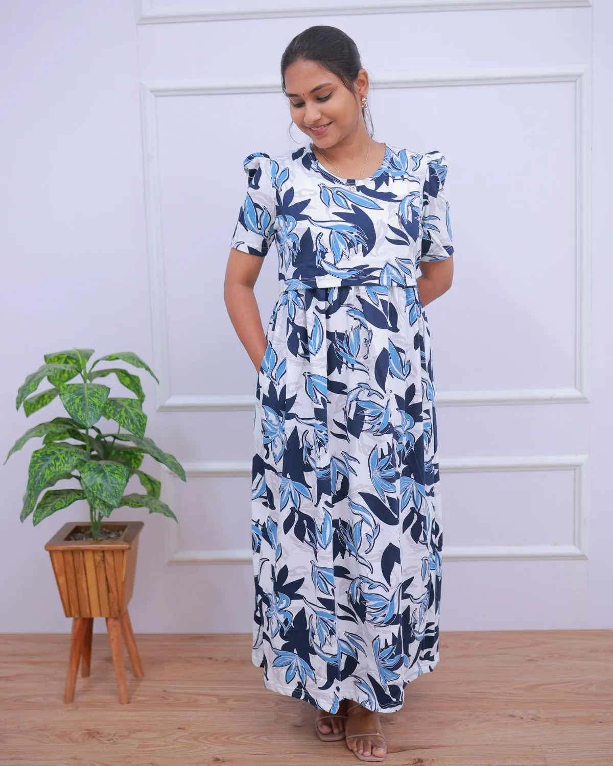 Vanya | Zipless Maternity Dress - Puff Sleeves | Full Length Maxi