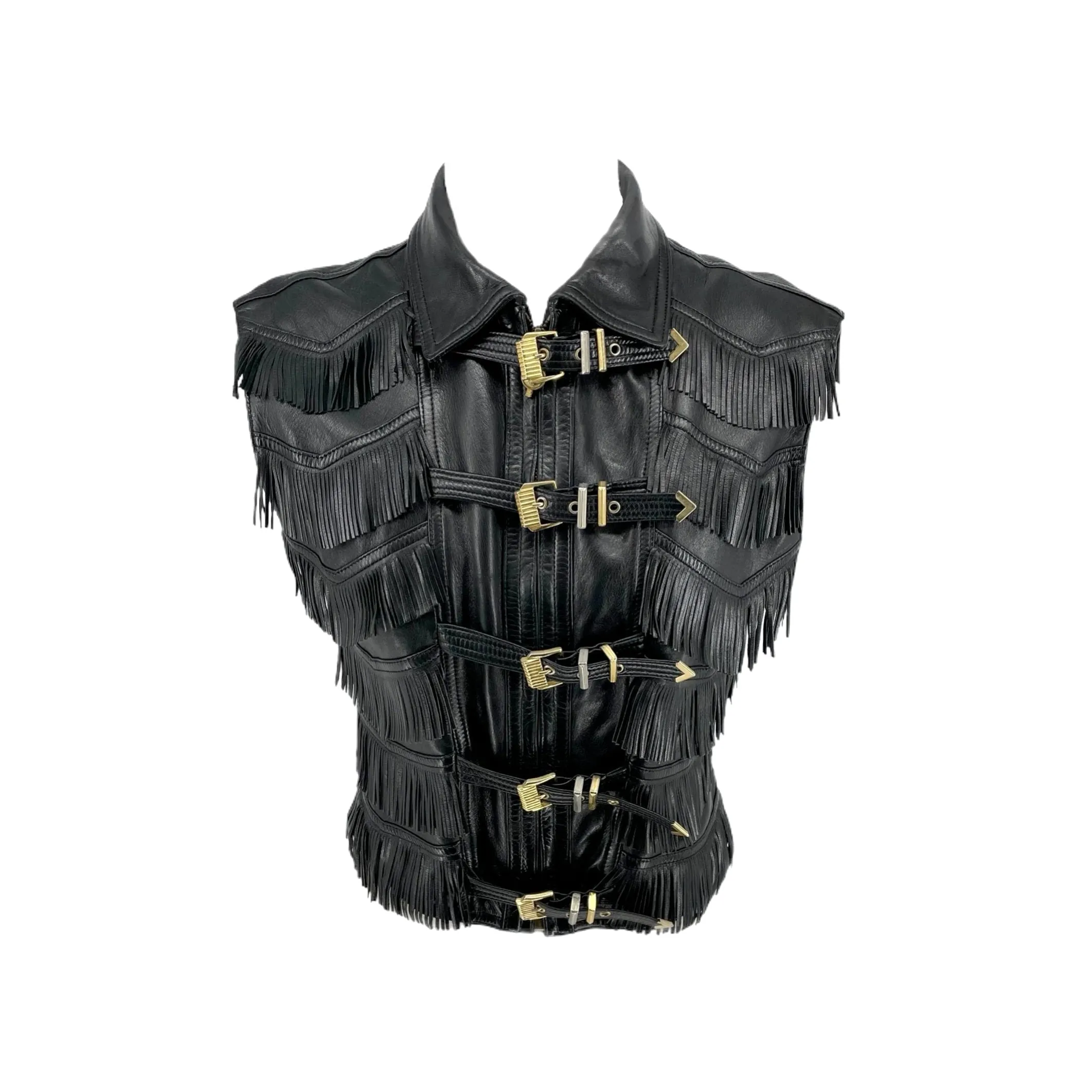 Versace Black Leather Fringe Vest