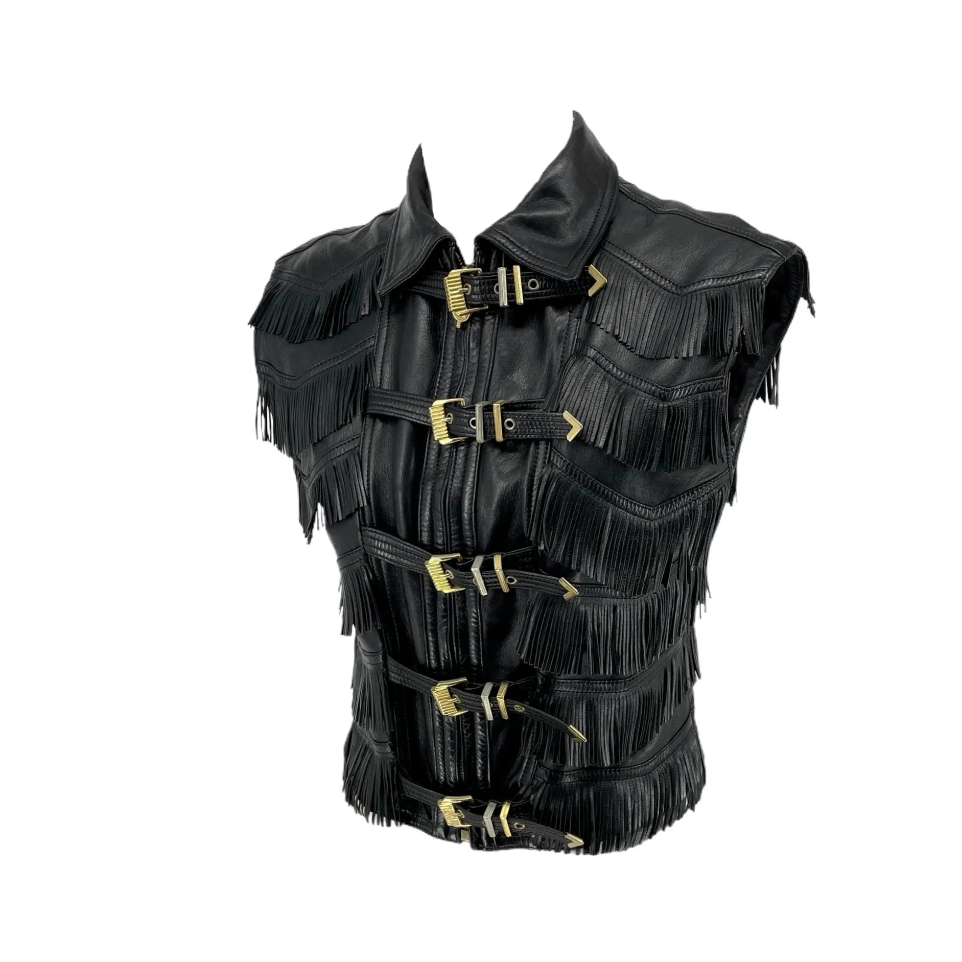 Versace Black Leather Fringe Vest