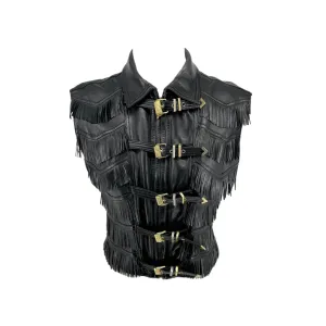 Versace Black Leather Fringe Vest