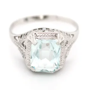 Vintage 1.15ct Emerald-Cut Aquamarine Ring in 14k White Gold | Size 5.25