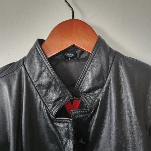 VINTAGE 1990s Virginia Slims BLK Leather Military Motorcycle Jacket Small