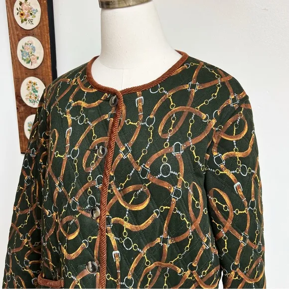 Vintage 90s Horse Bit Print Equestrian Quilted Jacket Medium