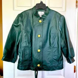 VINTAGE BLACK LEATHER JACKET WITH DRAWSTRING BOTTOM by SPIEGEL SIZE 18 LIKE NEW