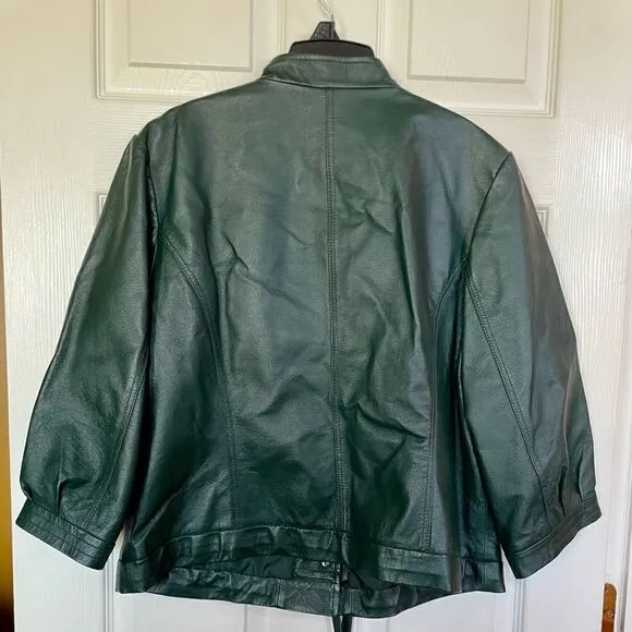 VINTAGE BLACK LEATHER JACKET WITH DRAWSTRING BOTTOM by SPIEGEL SIZE 18 LIKE NEW