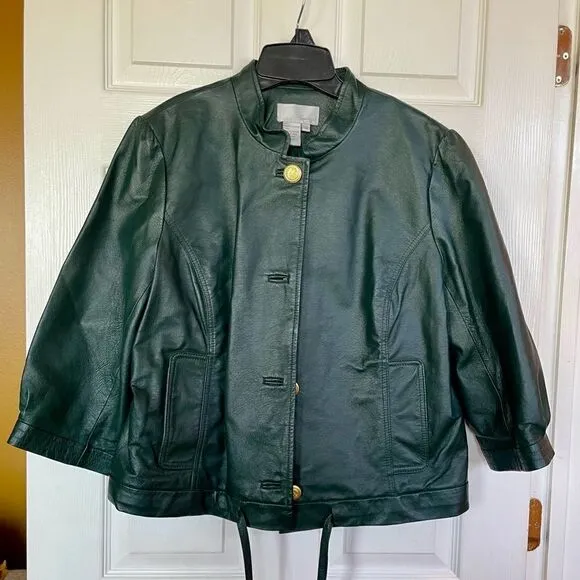 VINTAGE BLACK LEATHER JACKET WITH DRAWSTRING BOTTOM by SPIEGEL SIZE 18 LIKE NEW
