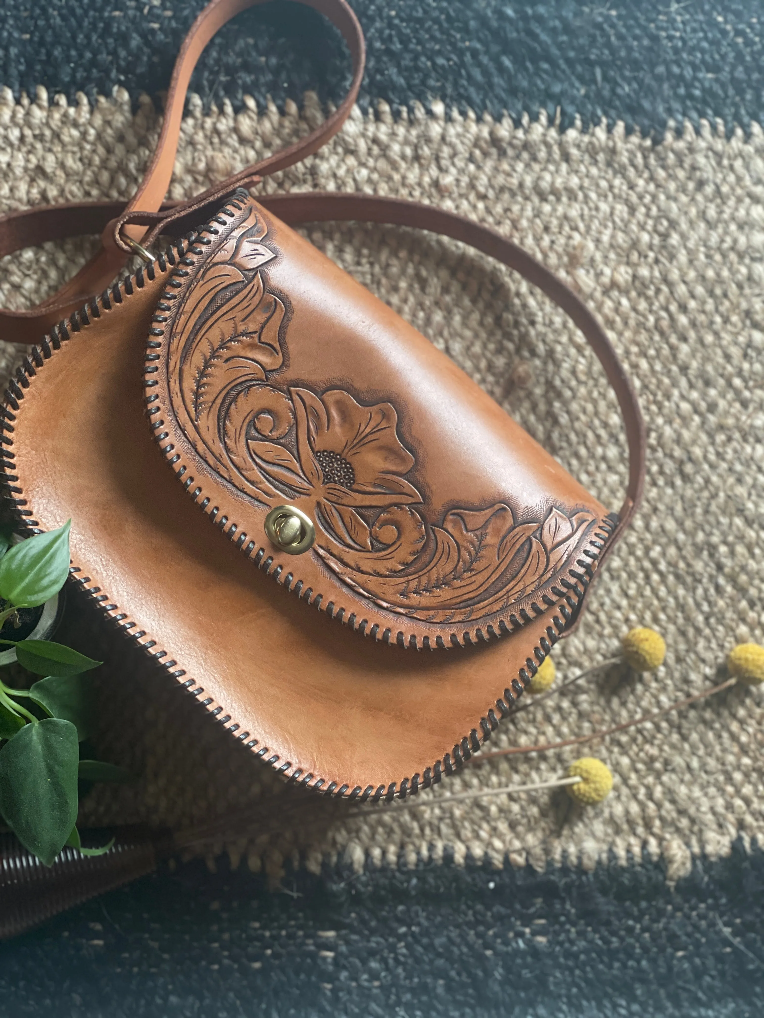 Vintage inspired Hand tooled leather hang bag