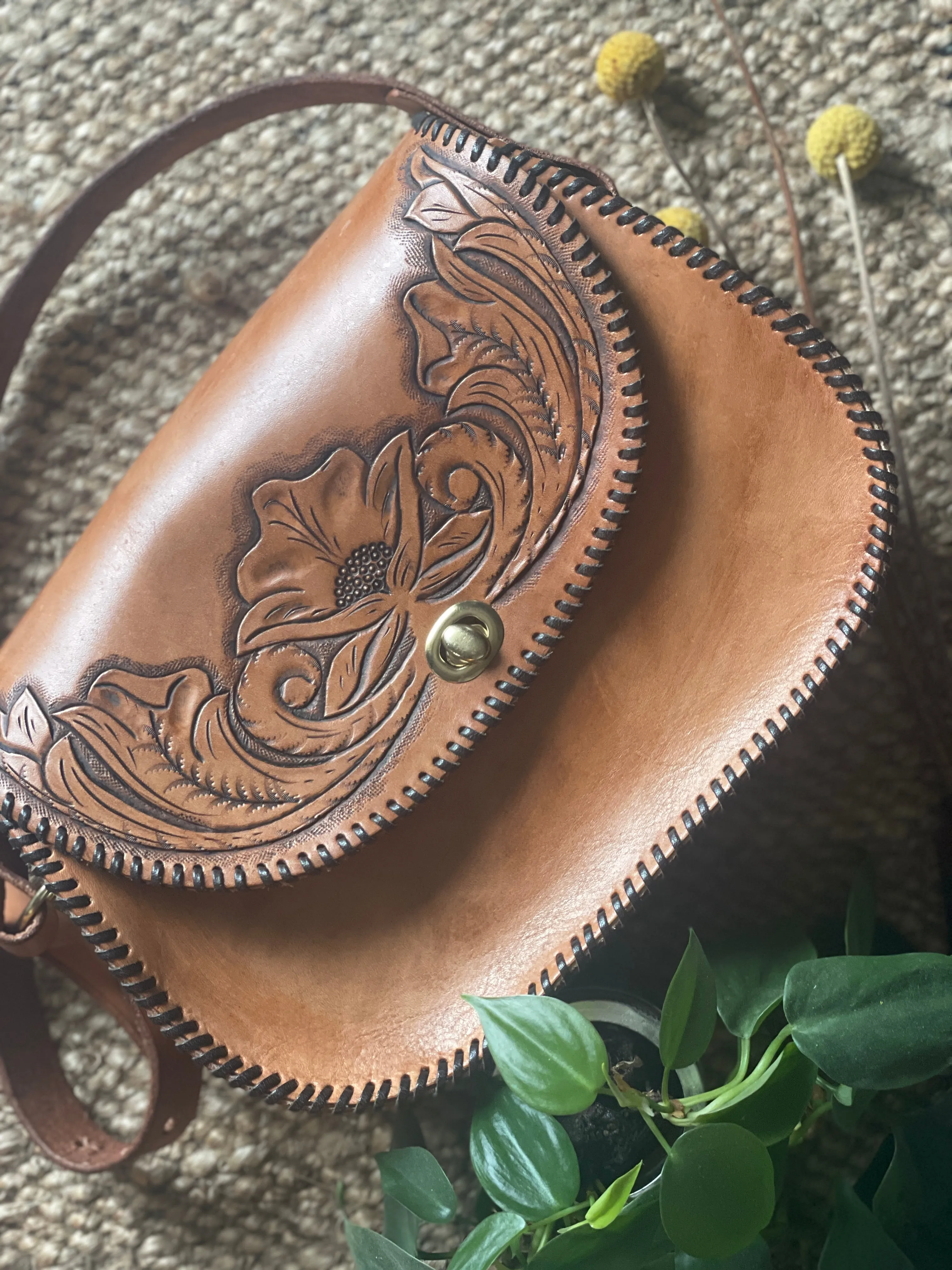 Vintage inspired Hand tooled leather hang bag