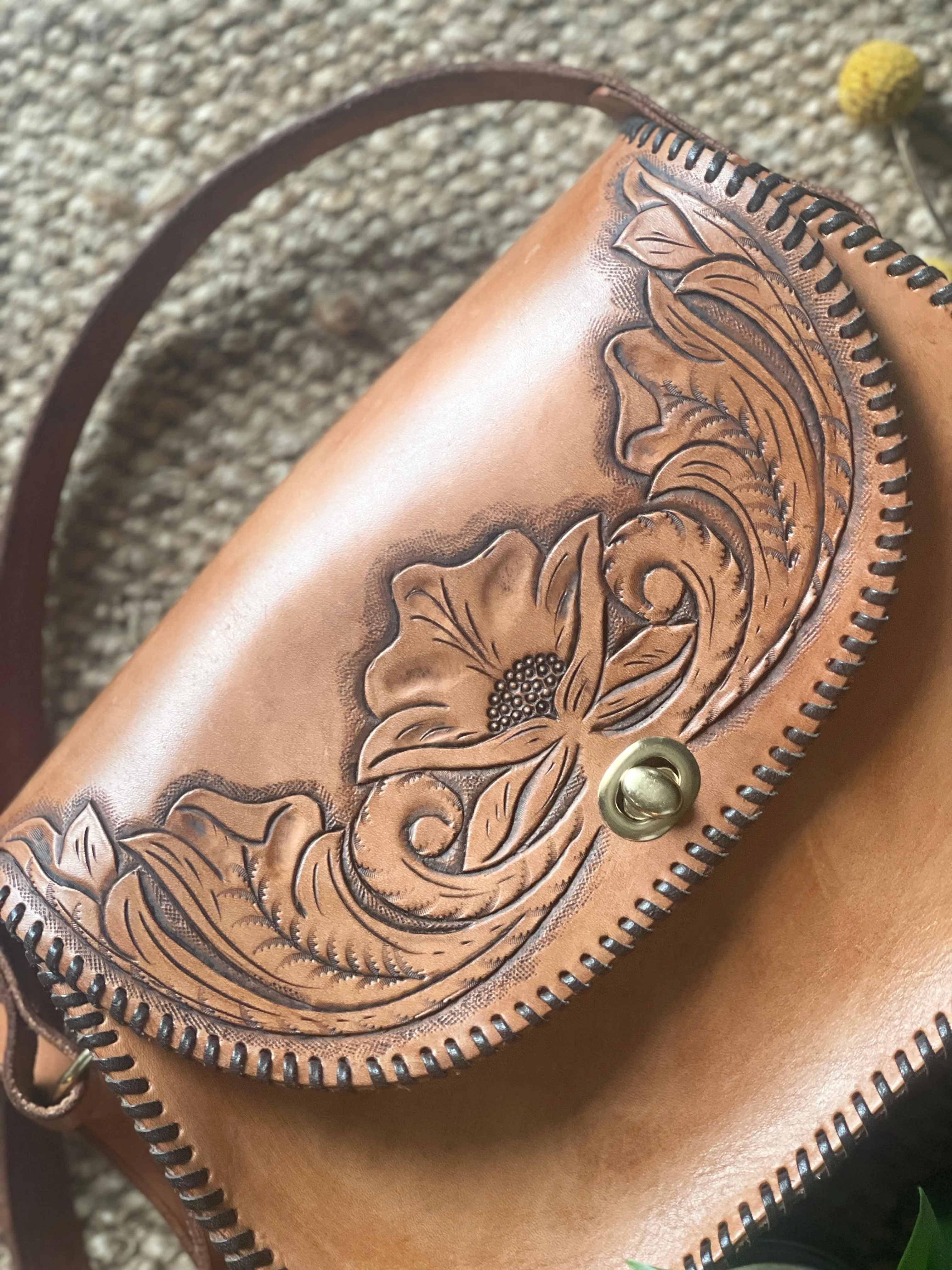 Vintage inspired Hand tooled leather hang bag