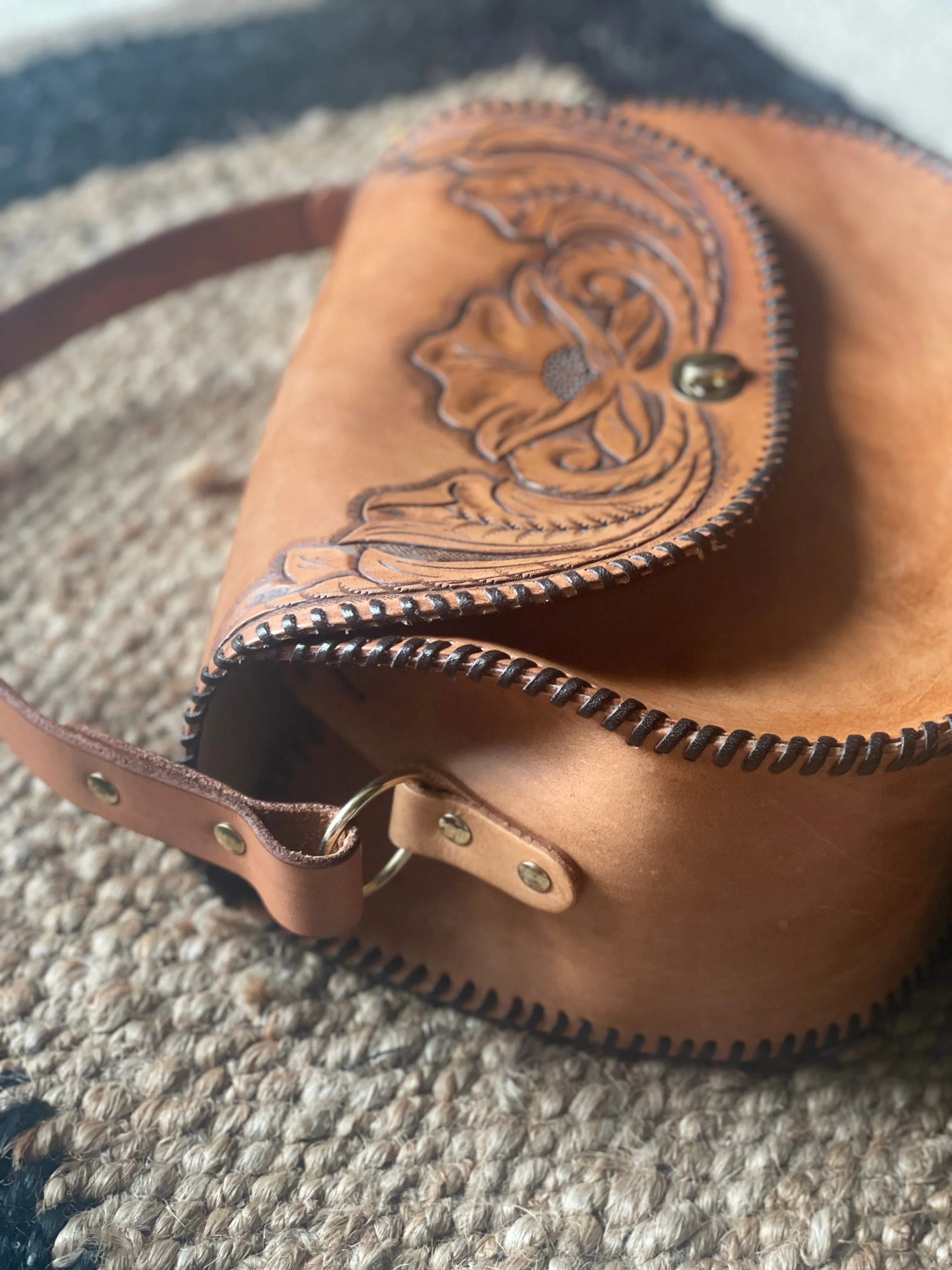 Vintage inspired Hand tooled leather hang bag