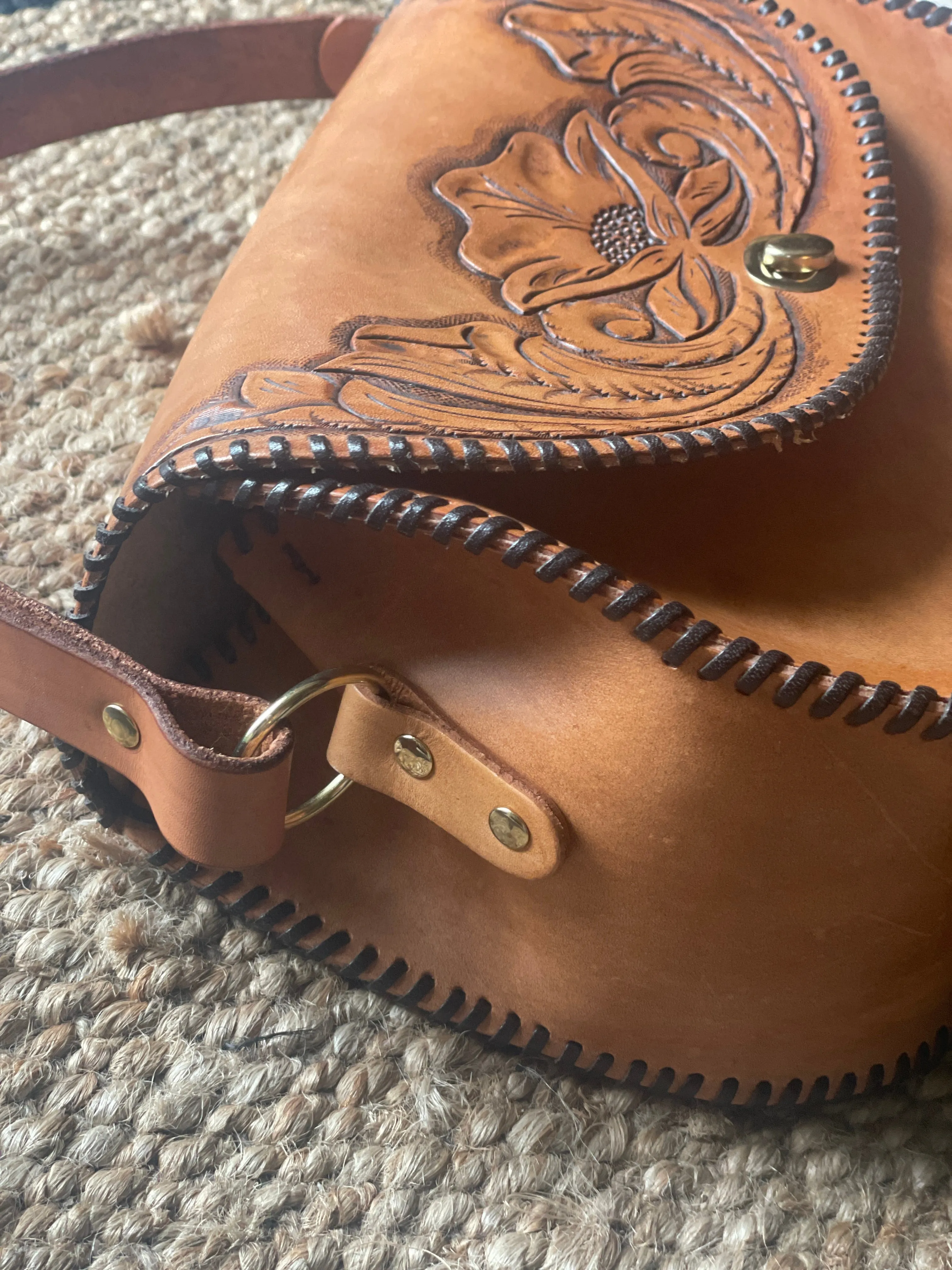 Vintage inspired Hand tooled leather hang bag