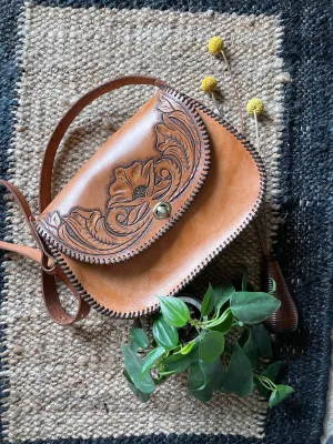 Vintage inspired Hand tooled leather hang bag
