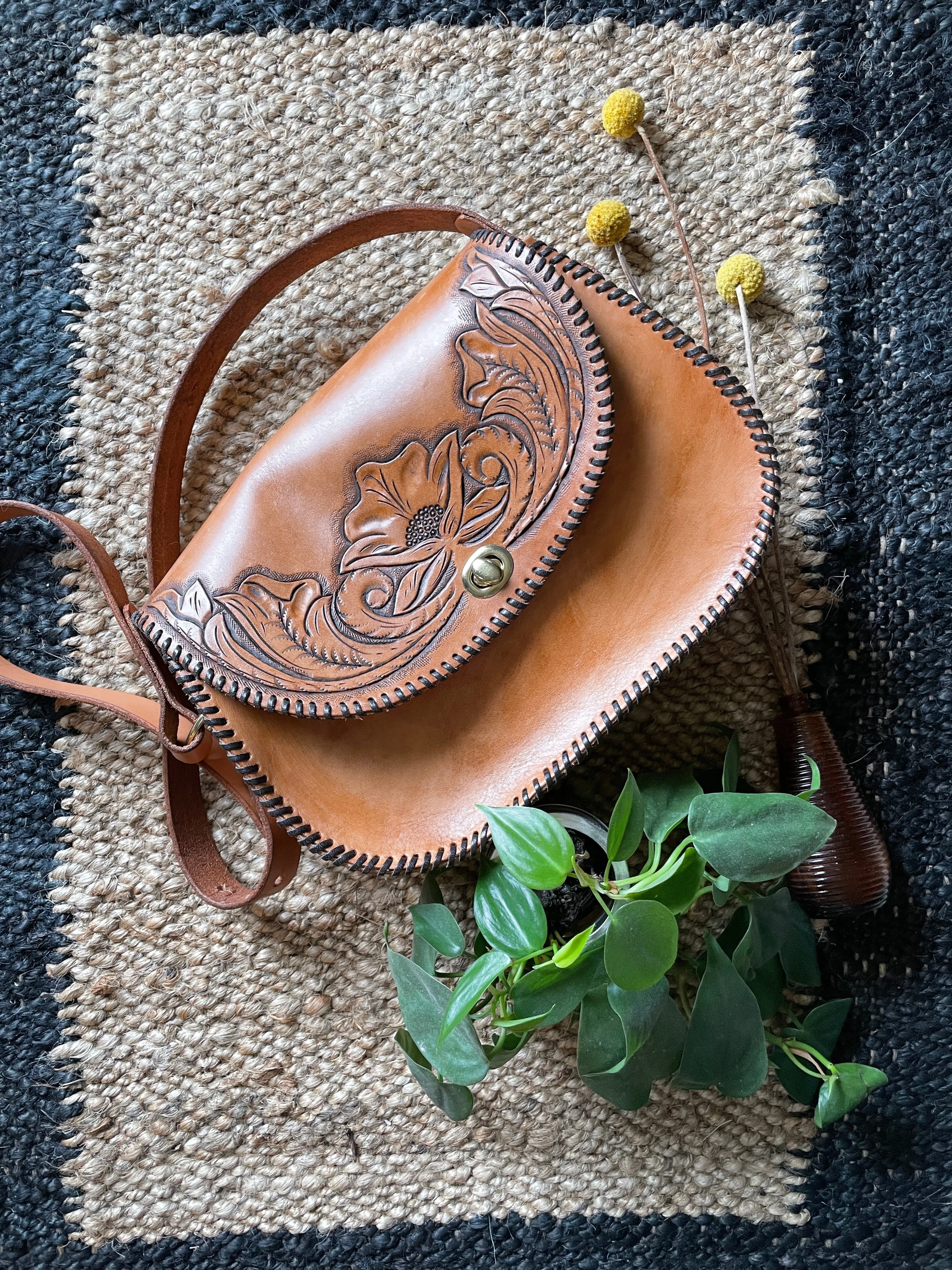 Vintage inspired Hand tooled leather hang bag