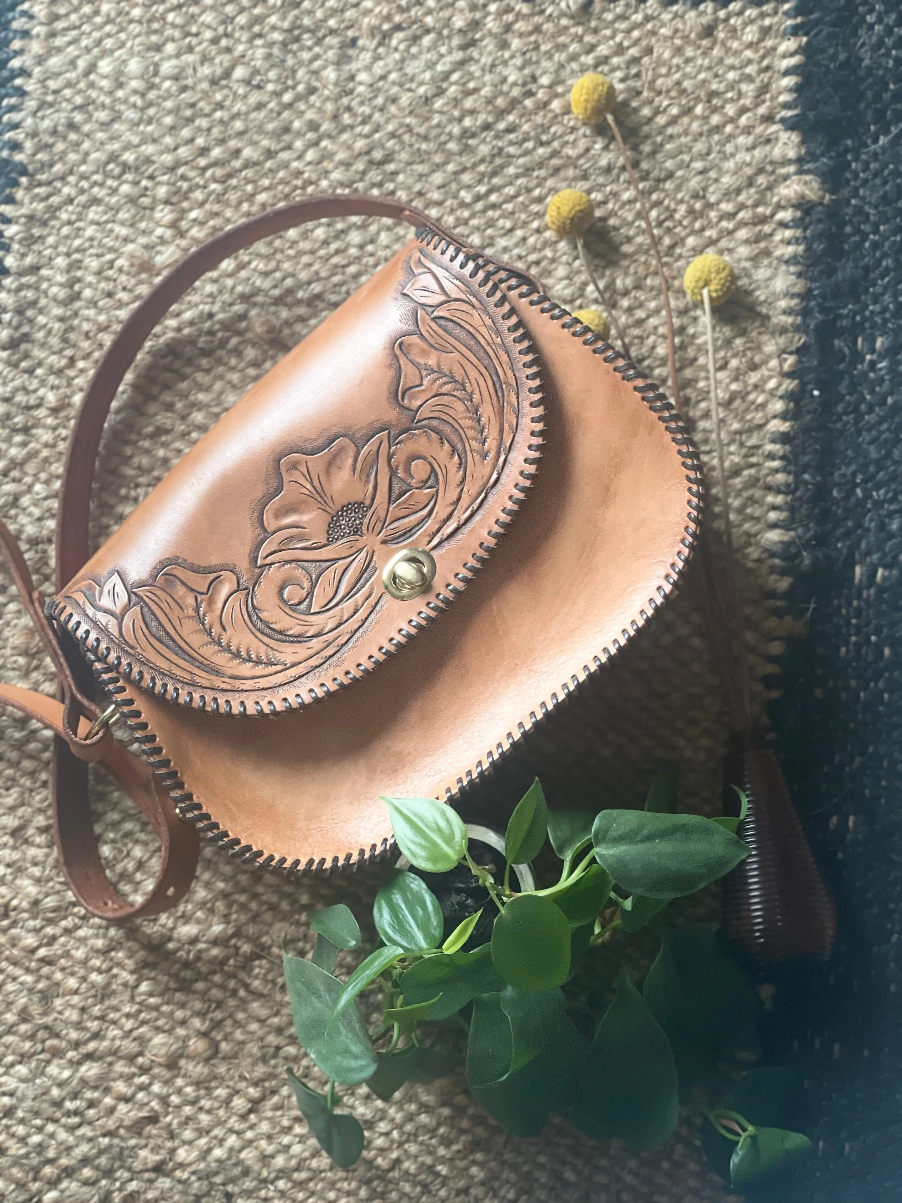 Vintage inspired Hand tooled leather hang bag