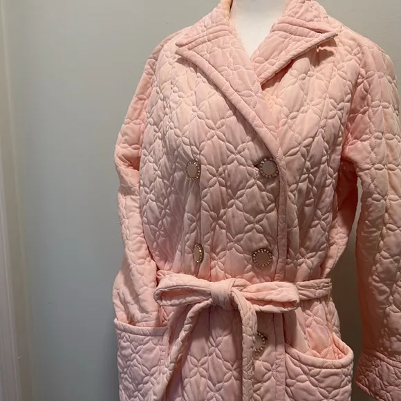 Vintage Long Belted Pink Quilted Robe Bed Jacket Coat 1940