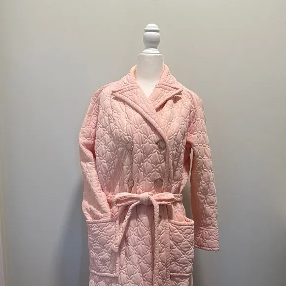 Vintage Long Belted Pink Quilted Robe Bed Jacket Coat 1940