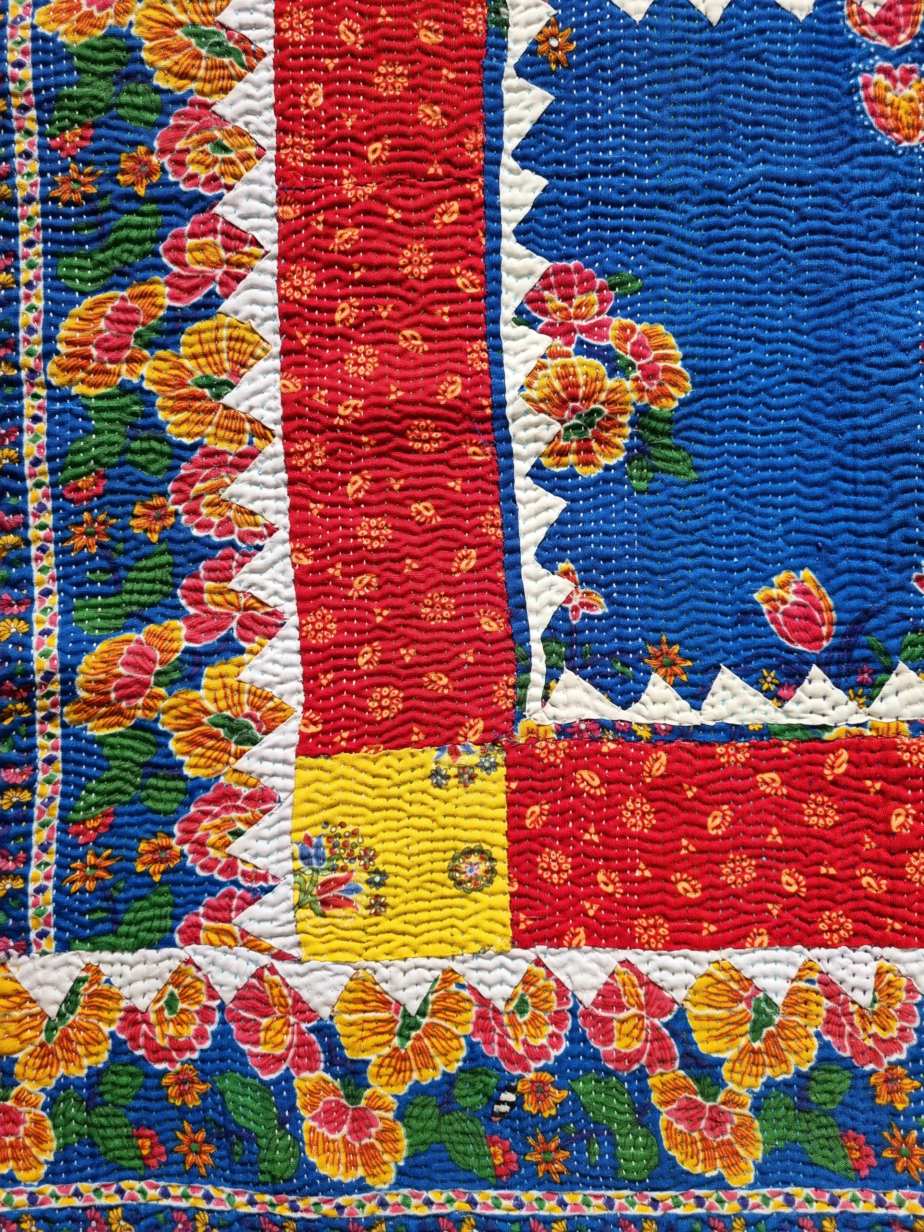 Vintage Pakistani kantha quilts - blue and red floral patch
