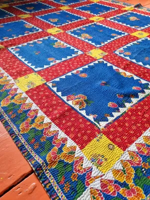 Vintage Pakistani kantha quilts - blue and red floral patch