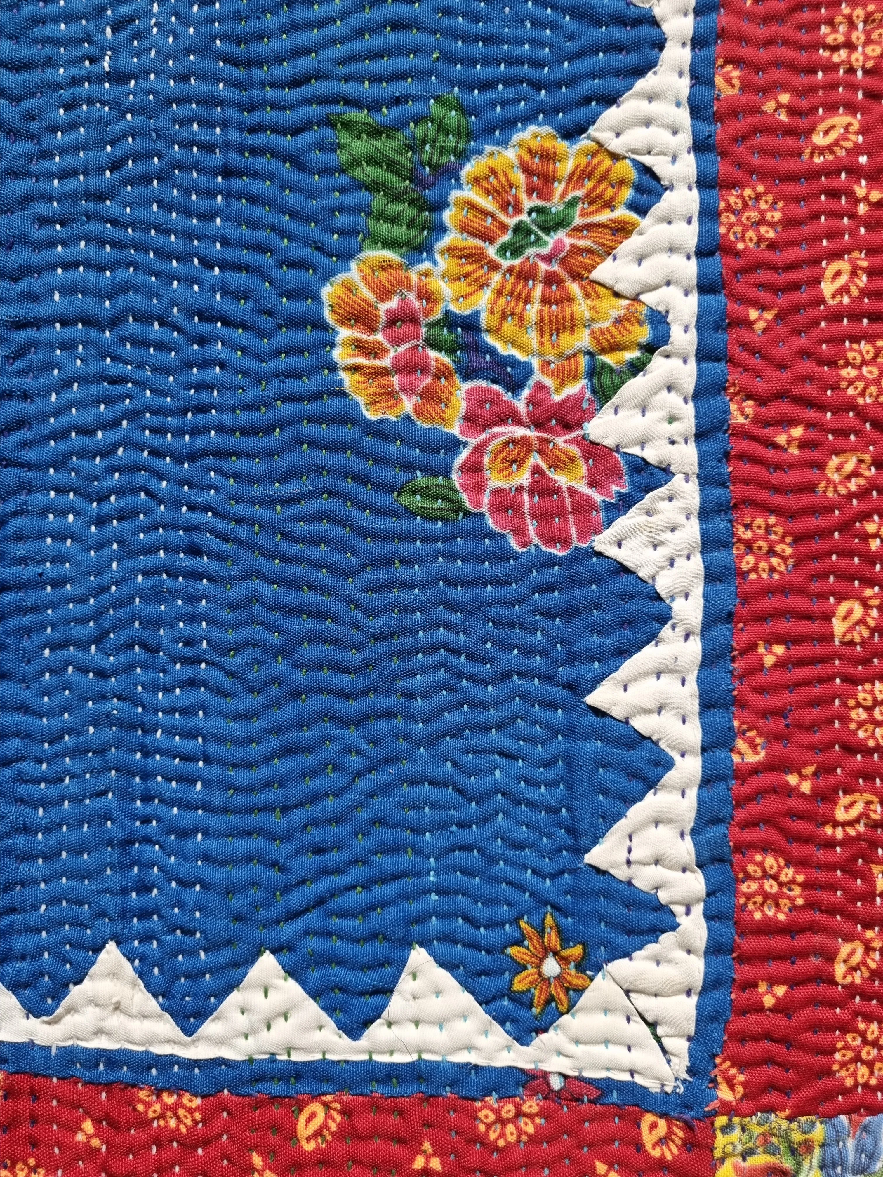 Vintage Pakistani kantha quilts - blue and red floral patch