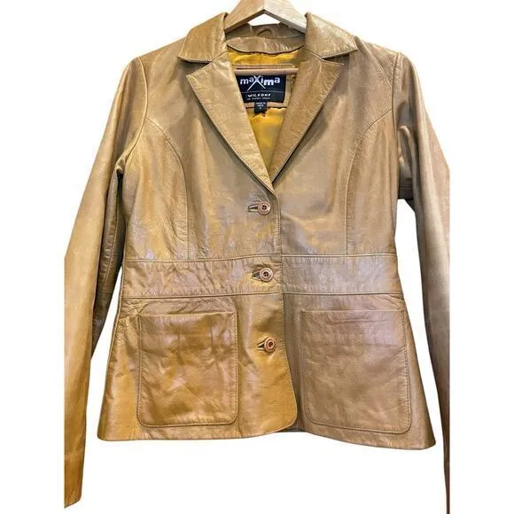 Vintage Wilson's Leather Maxima Camel Brown‎ Button Biker Style Collared Jacket