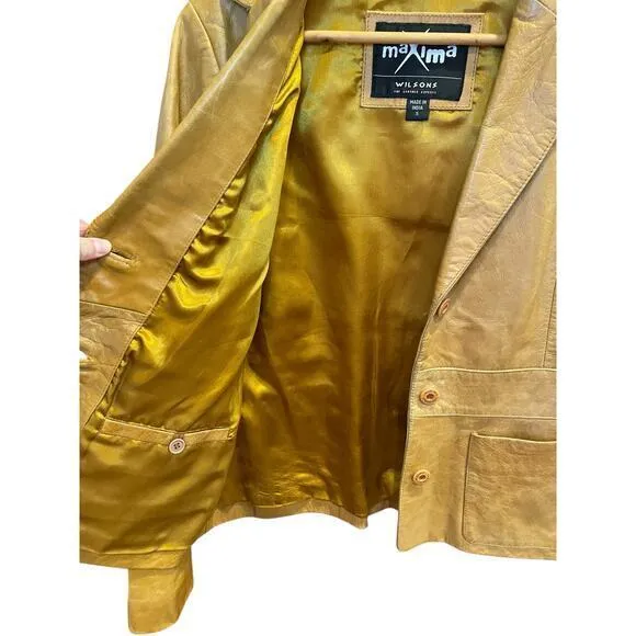 Vintage Wilson's Leather Maxima Camel Brown‎ Button Biker Style Collared Jacket