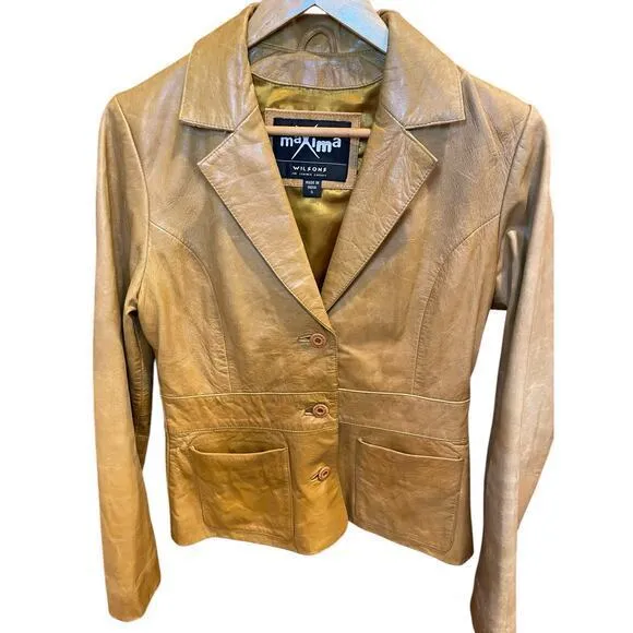 Vintage Wilson's Leather Maxima Camel Brown‎ Button Biker Style Collared Jacket