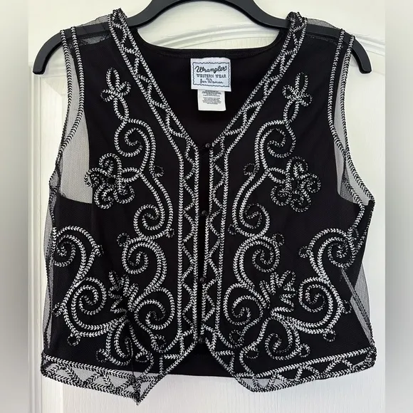 Vintage Wrangler Women’s Western Horse Show Vest Mesh Metallic Silver Black sz M