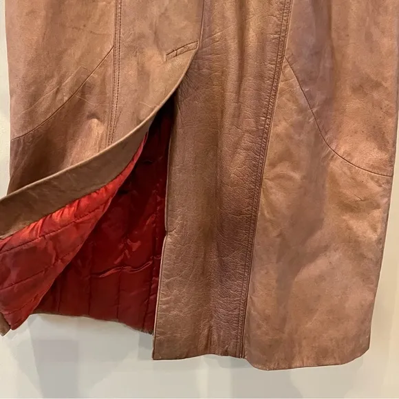 VTG Euro Mode IOU Floor Length Baggy Leather Wool Trench Coat Tan Insulated M