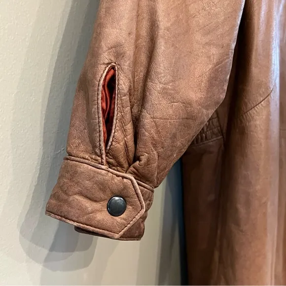 VTG Euro Mode IOU Floor Length Baggy Leather Wool Trench Coat Tan Insulated M