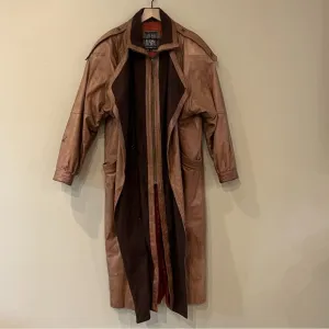 VTG Euro Mode IOU Floor Length Baggy Leather Wool Trench Coat Tan Insulated M