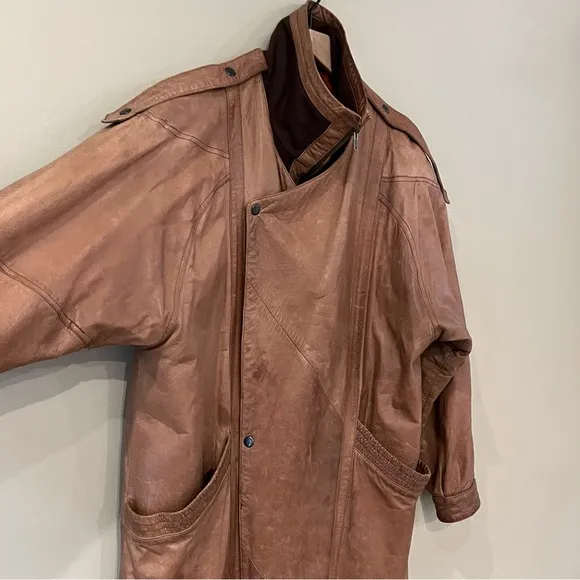 VTG Euro Mode IOU Floor Length Baggy Leather Wool Trench Coat Tan Insulated M