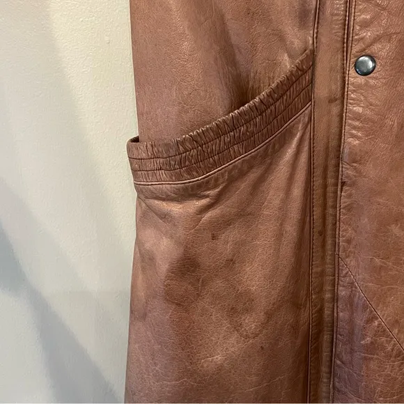 VTG Euro Mode IOU Floor Length Baggy Leather Wool Trench Coat Tan Insulated M