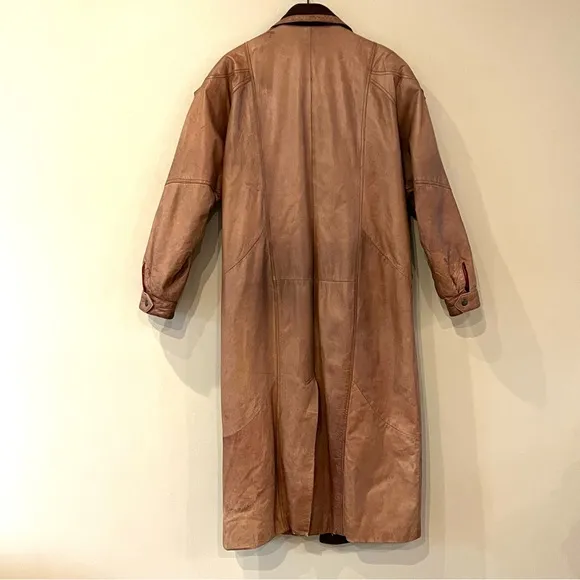 VTG Euro Mode IOU Floor Length Baggy Leather Wool Trench Coat Tan Insulated M