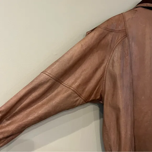 VTG Euro Mode IOU Floor Length Baggy Leather Wool Trench Coat Tan Insulated M