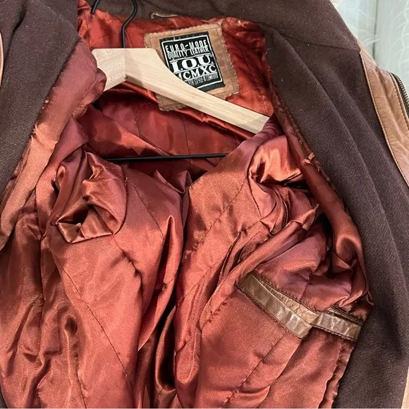 VTG Euro Mode IOU Floor Length Baggy Leather Wool Trench Coat Tan Insulated M