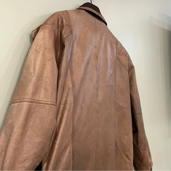 VTG Euro Mode IOU Floor Length Baggy Leather Wool Trench Coat Tan Insulated M