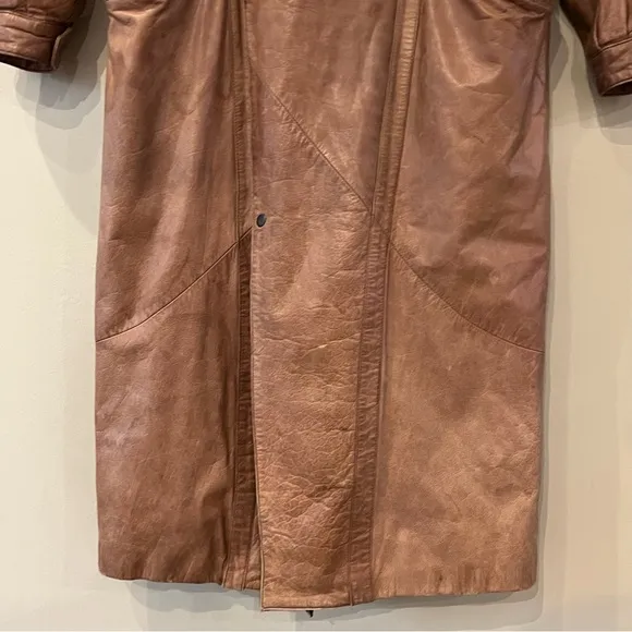 VTG Euro Mode IOU Floor Length Baggy Leather Wool Trench Coat Tan Insulated M