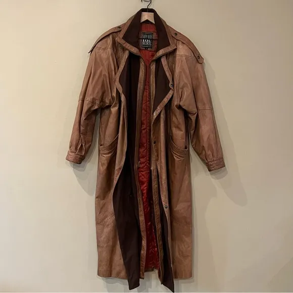 VTG Euro Mode IOU Floor Length Baggy Leather Wool Trench Coat Tan Insulated M