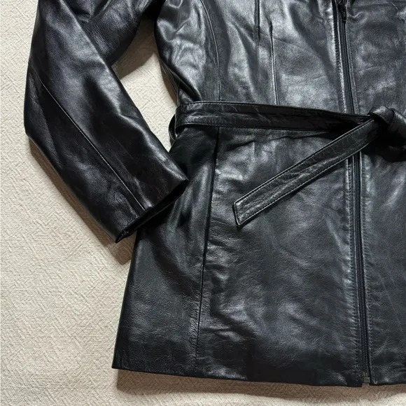 VTG Y2K Black Leather Zip Up Belted Blazer Jacket M