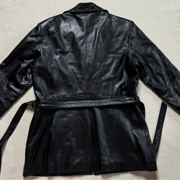 VTG Y2K Black Leather Zip Up Belted Blazer Jacket M