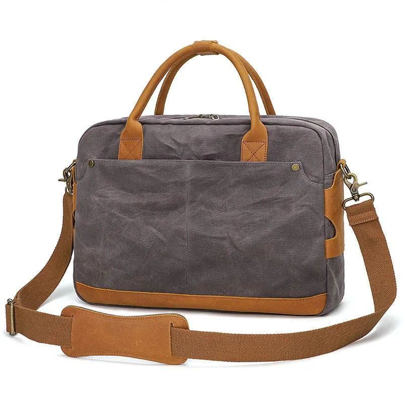 Waxed Canvas Briefcase with Crazy Horse Leather for Laptop