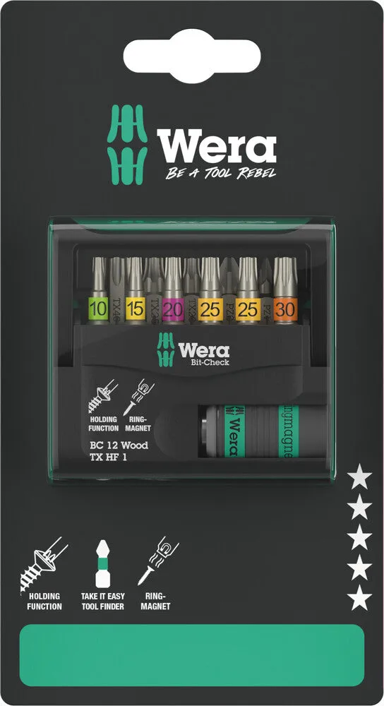 Wera 05073641001 Bit-Check 12 Wood TX HF 1 SB, 12 pieces