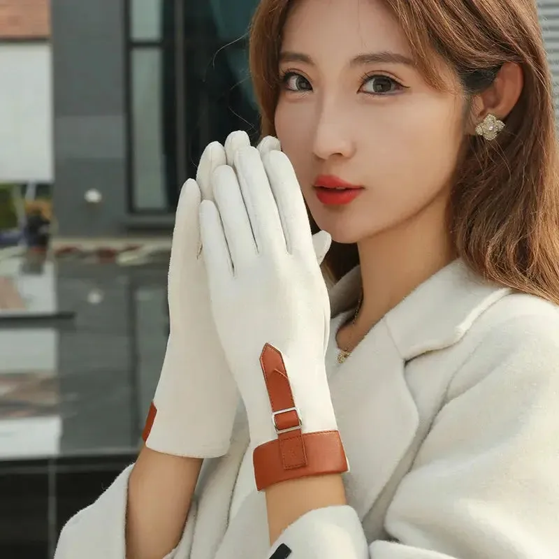 Women Fashion Elegant Business Style Suede Keep Warm Touch Screen Gloves Drive Skiing Cycling Not Bloated Fleece