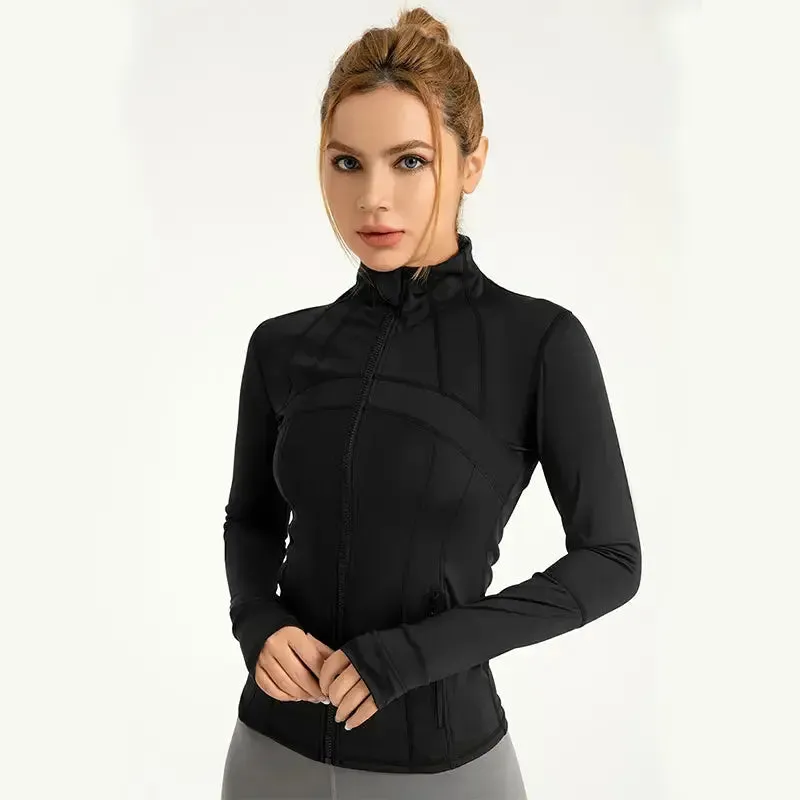 Women Sports Jacket Long Sleeve Coat Thumb Hole Zipper Tight Lightweight Breathable Running Sportswear Jacket
